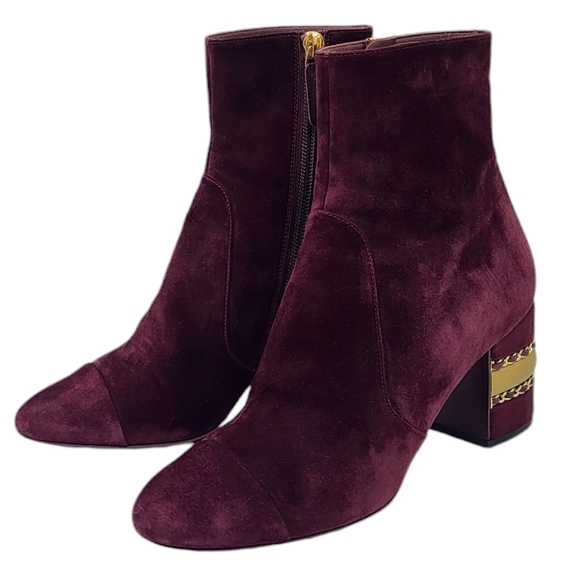 CHANEL CC Logo Cap Toe Suede Boots Double Stack Chain Burgundy 36.5 G36655 - Picture 15 of 16